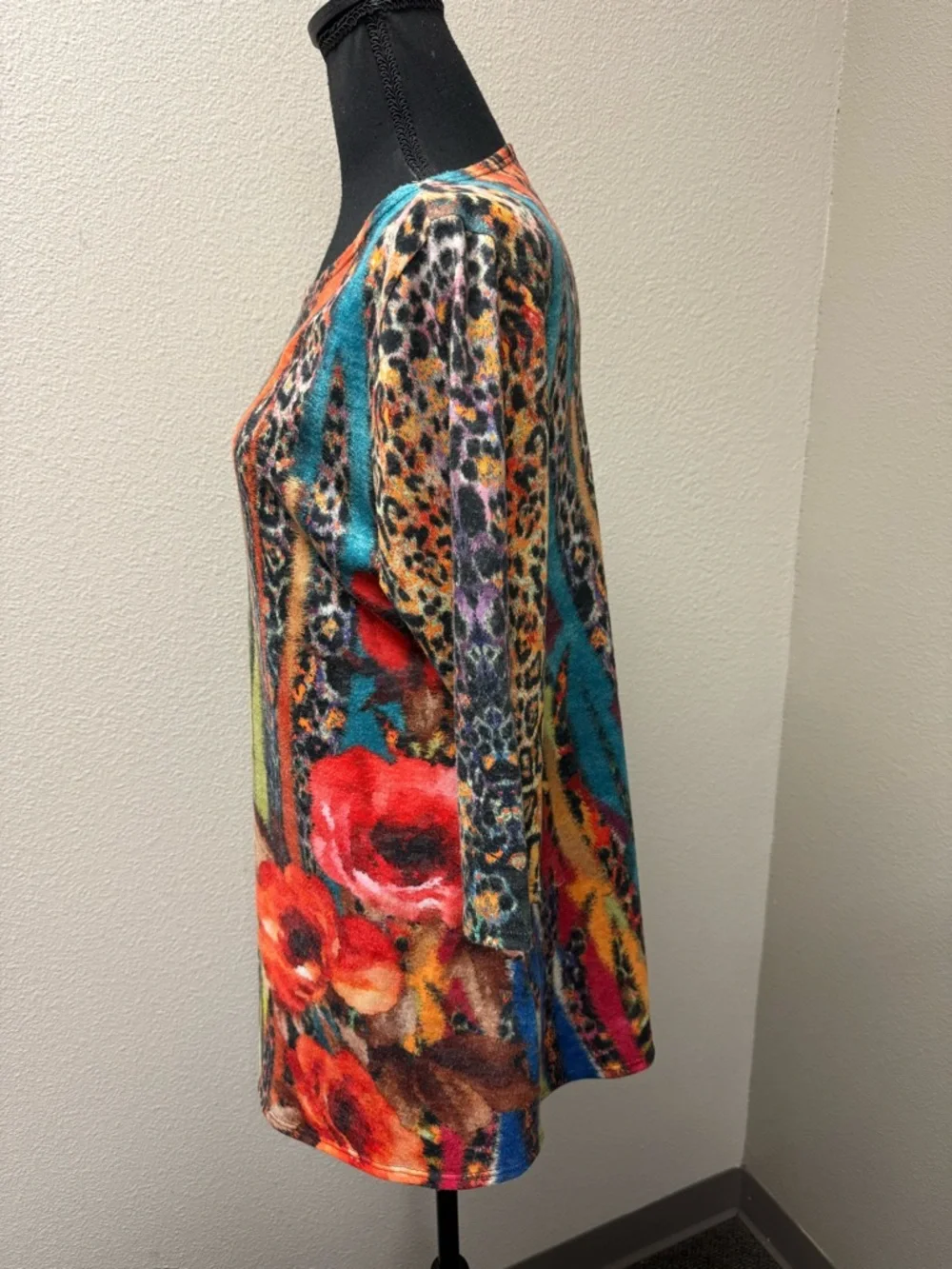 Amma Design Floral Tunic Top Large Yellow Teal Red Boho Stretch Blouse - Picture 3 of 8